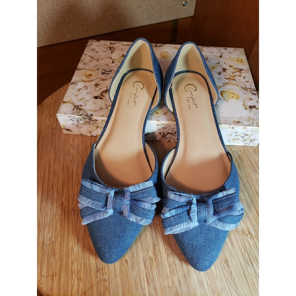 Comfort Est. 1946 Blue Denim Bow Slip-On Pointed Toe Shoes Ballet Flats Women 8M - Picture 7 of 10